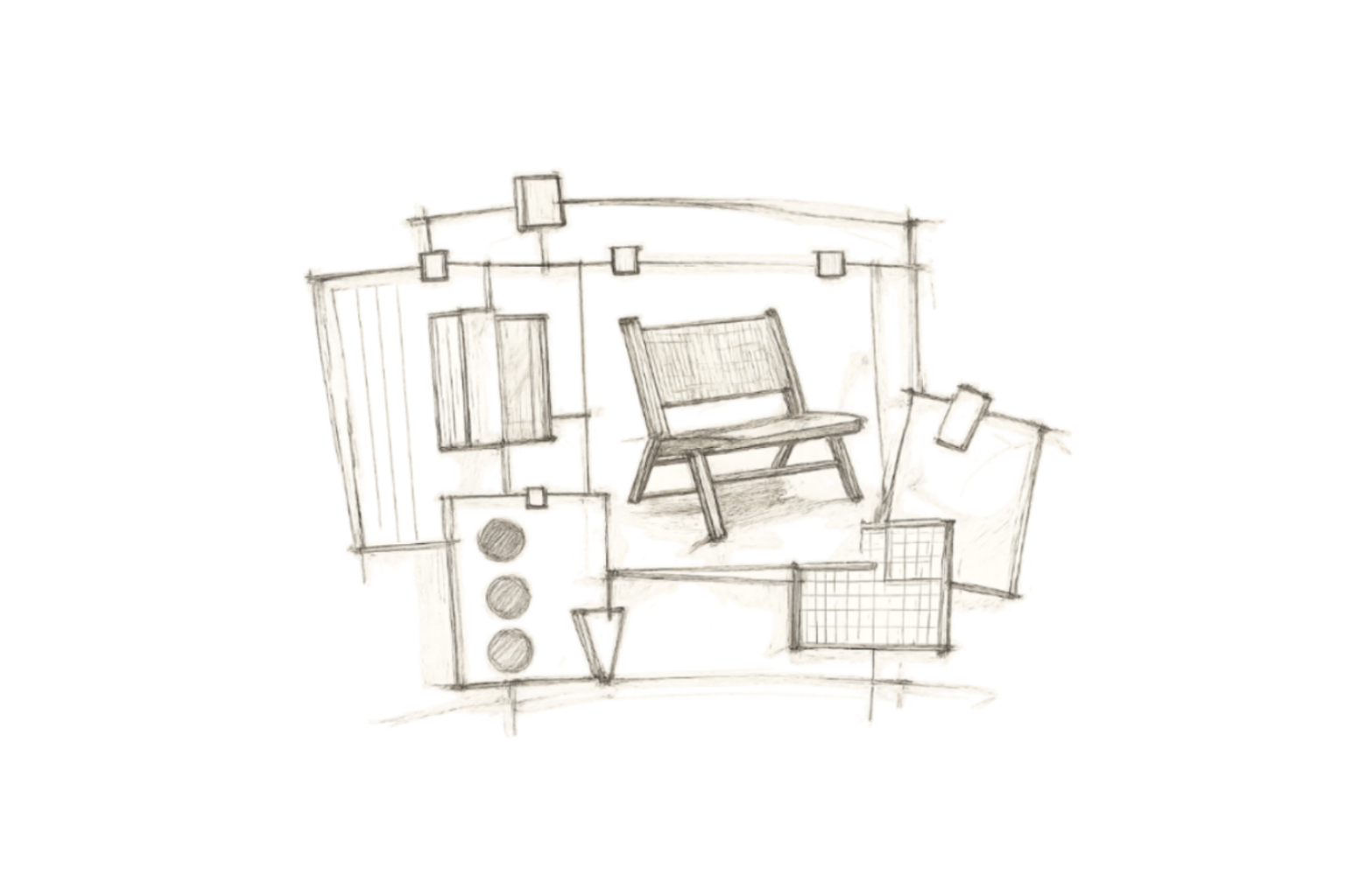 Pencil sketch of a room layout with furniture on a white background