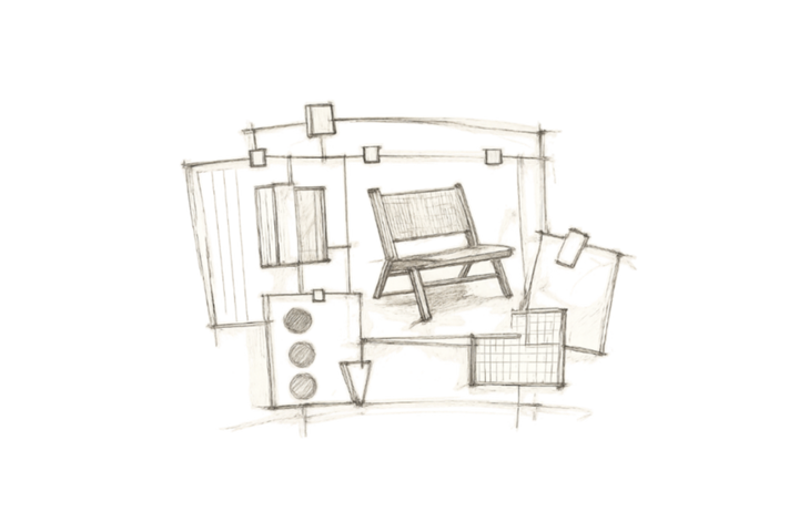 Pencil sketch of a room layout with furniture on a white background