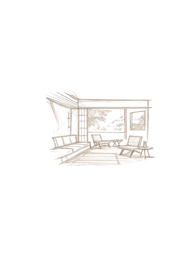 Outline drawing of a modern living room with furniture and large windows.