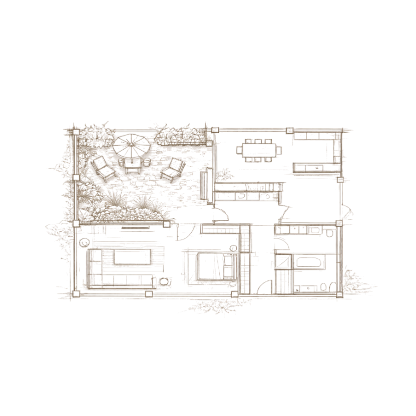 Architectural floor plan of a modern house with rooms and furniture layout.