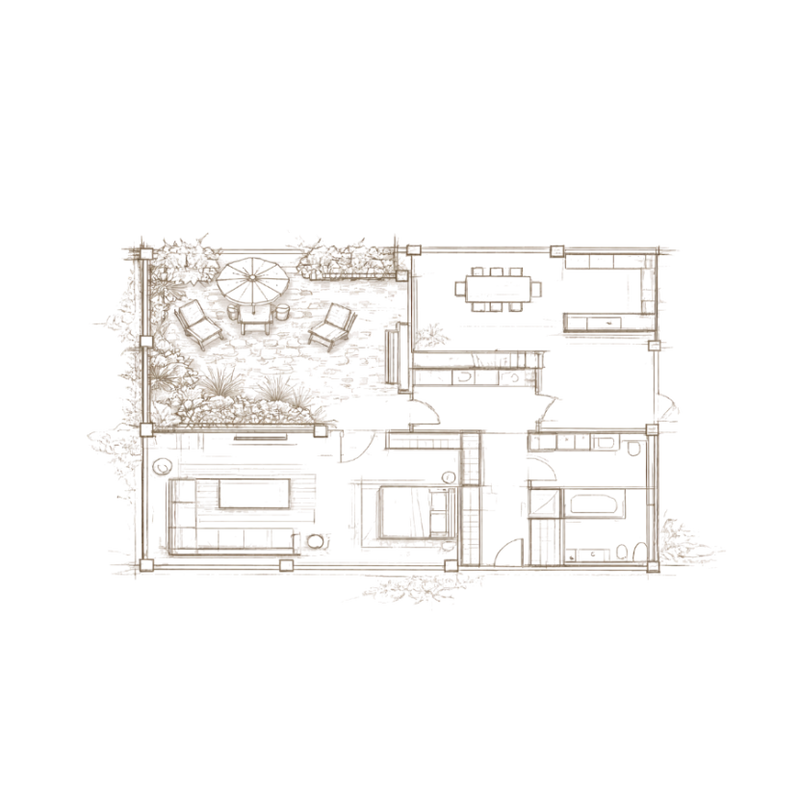 Architectural floor plan of a modern house with rooms and furniture layout.